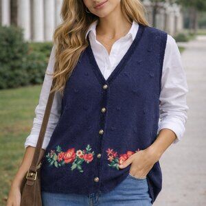 Vintage 90s Koret Floral Wool Sweater Vest Navy Blue M Cottagecore Grannycore